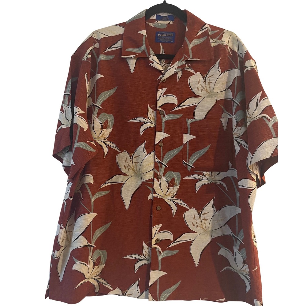Pendleton Men's Rust and Cream Floral Button-Down Camp Shirt - Picture 2 of 6